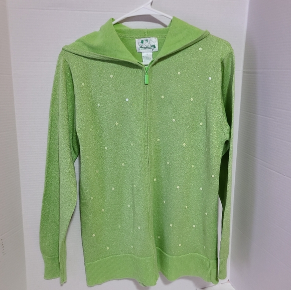 QUACKER FACTORY LIME GREEN SEQUINED CARDIGAN SWEATER SIZE S BLING FOR SUMMER - Picture 1 of 8